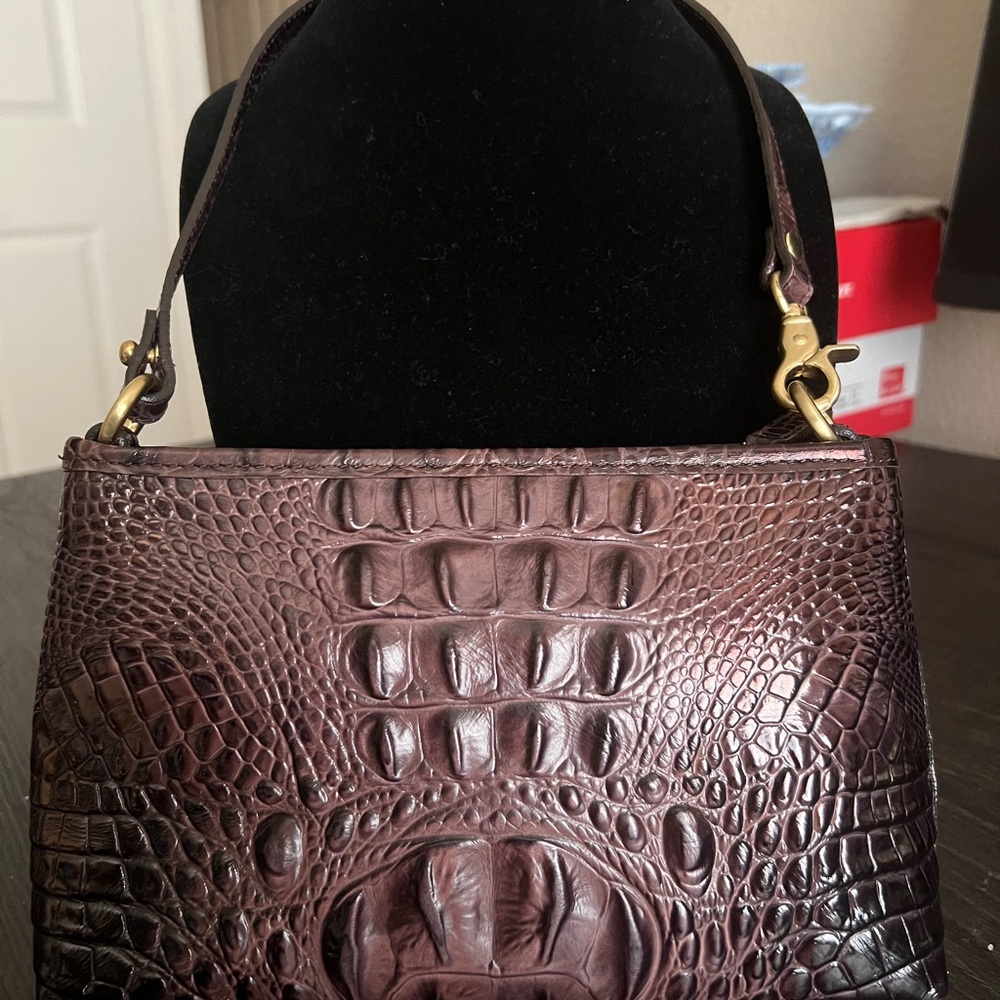 Brahmin Croc-Embossed Satchel in Deep Plum Brown